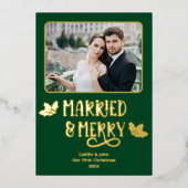 結婚した第1回メリークリスマス新婚フォトグリーン 箔シーズンカード (正面)