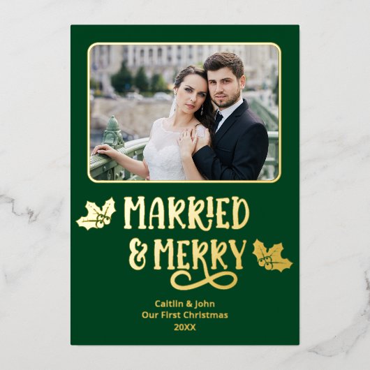 結婚した第1回メリークリスマス新婚フォトグリーン 箔シーズンカード (正面)
