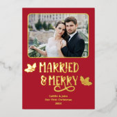 結婚した第1回メリークリスマス新婚フォトレッド 箔シーズンカード (正面)