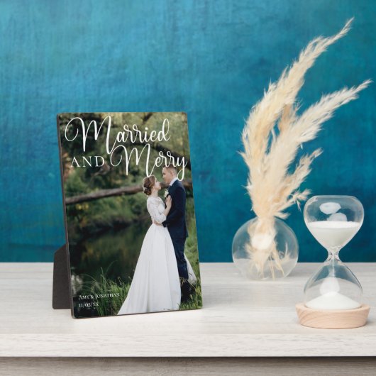 結婚した結婚メリー写真白エレガント文字 フォトプラーク (側面)