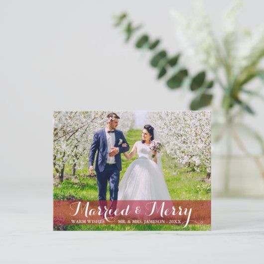 結婚した&カップフォトハメリーガキ赤いトリム シーズンポストカード (スタンド正面)
