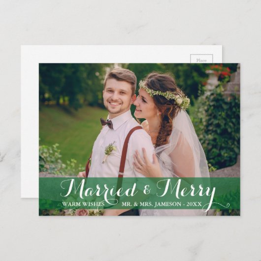 結婚した&カップフォトメリーポストカードグリーントリム シーズンポストカード (正面/裏面)