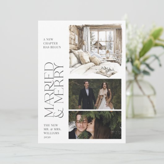 結婚した&キャメリーン素朴フォトコラージホリデー シーズンカード (スタンド正面)