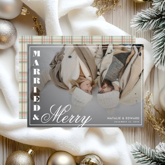 結婚した&フォトメリーヴィンテージプレイドのクリスマス シーズンカード