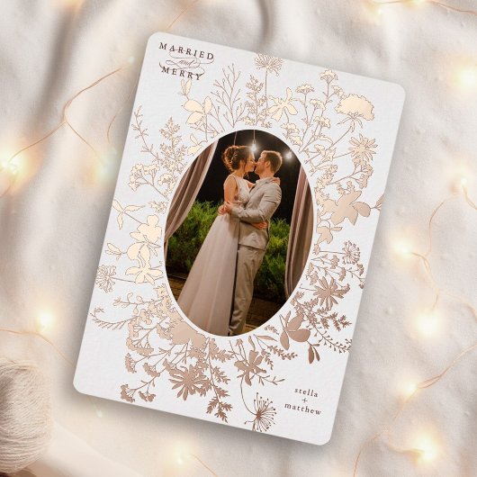 結婚した&フローラメリークリスマスフォトバラ金ゴールド 箔シーズンカード