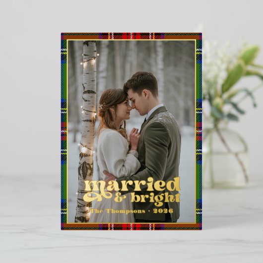 結婚した&ブライトタータンチェックプレイド新婚クリスマス 箔シーズンカード (立ち正面)