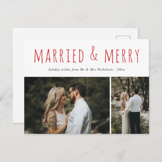 結婚した&メリーエレガントモダンRed Script写真 シーズンポストカード (正面/裏面)
