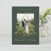 結婚した&メリーエレガント金ゴールドクリスマスツリー写真 シーズンカード (スタンド正面)