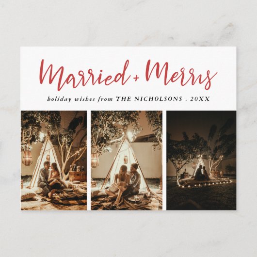 結婚した&メリーエレガントRed Mutliフォトホリデー シーズンポストカード (正面)