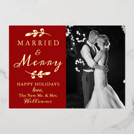 結婚した&メリーカップルの最初のクリスマスフォト実在 箔シーズンカード (正面)