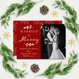 結婚した&メリーカップルの最初のクリスマスフォト実在 箔シーズンカード