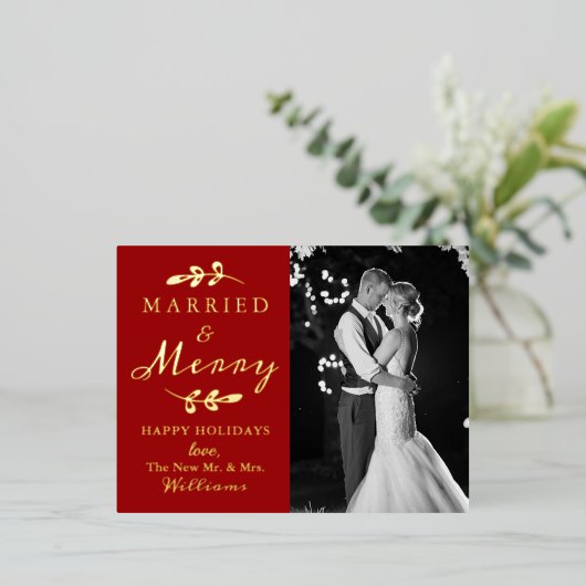 結婚した&メリーカップルの最初のクリスマスフォト実在 箔シーズンポストカード (立ち正面)