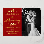結婚した&メリーカップルの最初のクリスマスフォト実在 箔シーズンポストカード (正面)