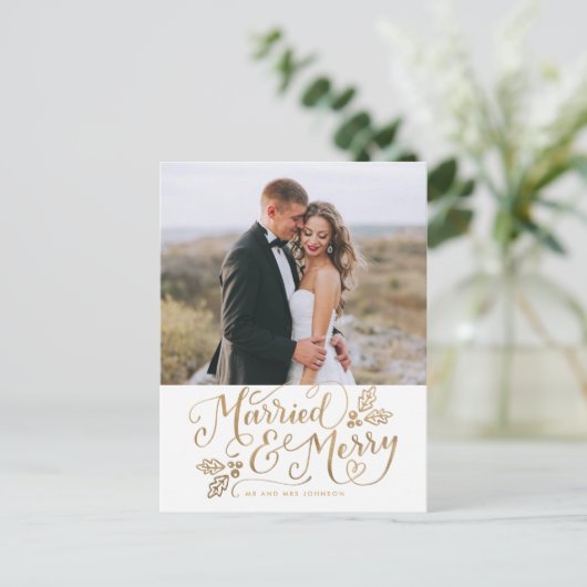 結婚した&メリークリスマスハンドレット写真金ゴールド ポストカード (スタンド正面)