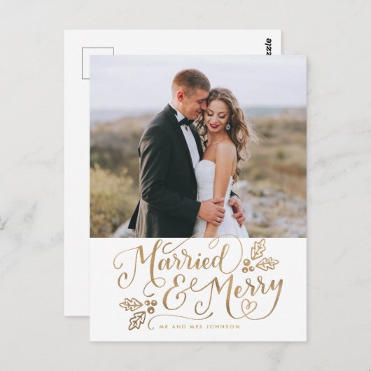 結婚した&メリークリスマスハンドレット写真金ゴールド ポストカード (正面/裏面)