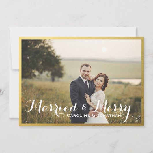 結婚した&メリークリスマスホリデーフォト金ゴールドフレーム シーズンカード (正面)