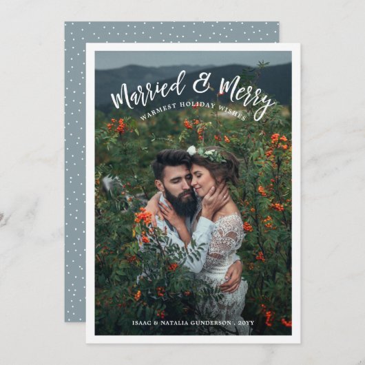結婚した&メリーモダンChistmasフォトホワイト シーズンカード (正面/裏面)