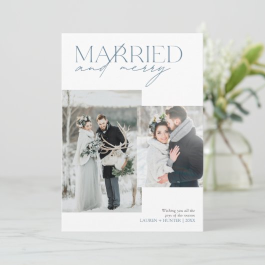 結婚した&メリー素朴ブルー新入写真コラージュ シーズンカード (スタンド正面)