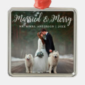 結婚した&メリー結婚の写真のクリスマス メタルオーナメント (正面)