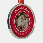 結婚した&メリー結婚の写真モダン赤 メタルオーナメント (右)
