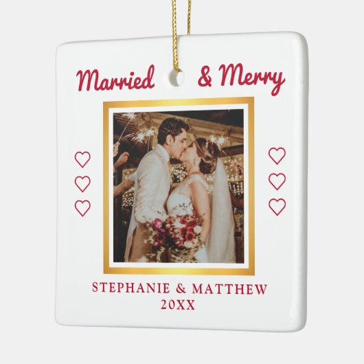 結婚した&メリー結婚の写真金ゴールドモダン セラミックオーナメント (左)