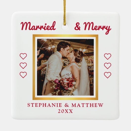 結婚した&メリー結婚の写真金ゴールドモダン セラミックオーナメント (裏面)