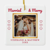 結婚した&メリー結婚の写真金ゴールドモダン セラミックオーナメント (正面)
