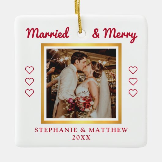 結婚した&メリー結婚の写真金ゴールドモダン セラミックオーナメント (正面)