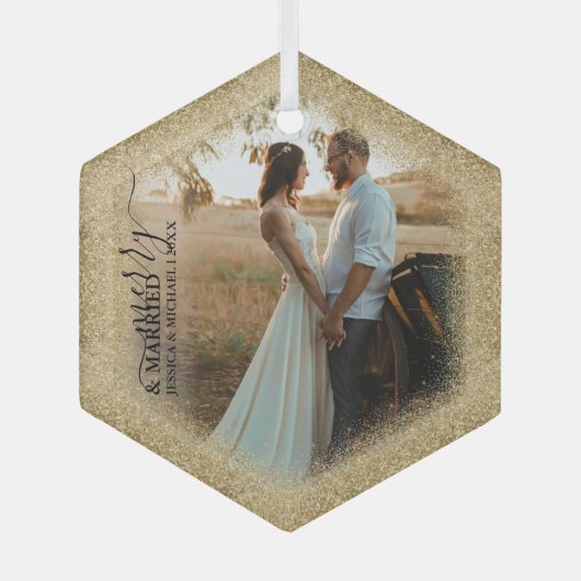 結婚した&メリー金ゴールドグリッタートリムクリスマス ガラスオーナメント (正面)