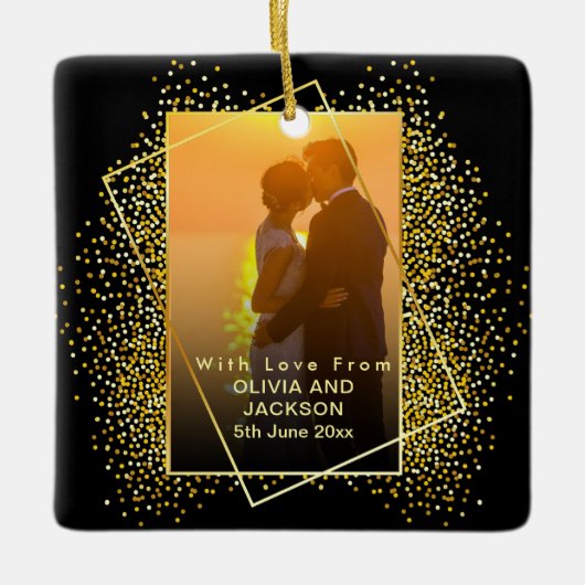 結婚した&メリー金ゴールドグリッタートリムクリスマス セラミックオーナメント (正面)