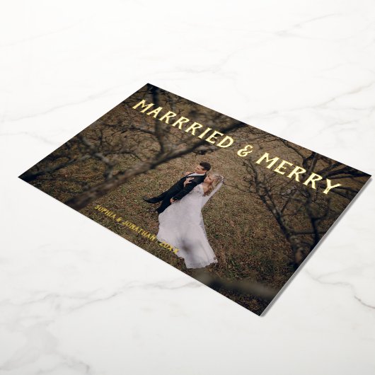 結婚した&メリー金ゴールドフォイルサンキューカード 箔シーズンカード (回転した状態)