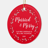 結婚した&メリー・クリスマスリースの結婚写真 セラミックオーナメント (左)