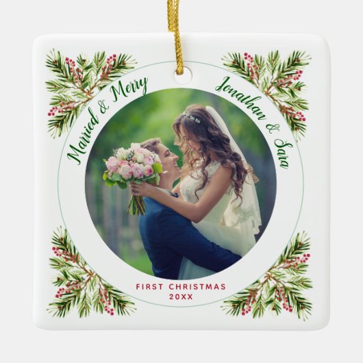 結婚した&メリー |初めてのクリスマス写真 セラミックオーナメント (正面)