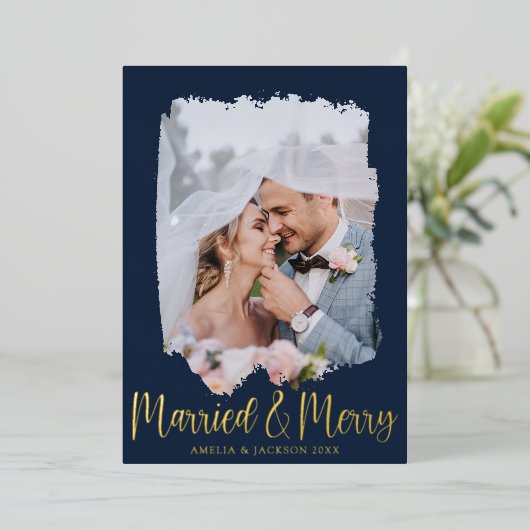 結婚した&ラグジュアリーメリー金ゴールドクリスマス 箔シーズンカード (立ち正面)