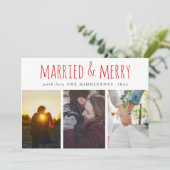 結婚した&レッドメリースクリプト3フォトホリデー シーズンカード (スタンド正面)