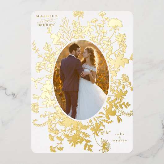結婚した&ワイルドフラワーメリーのクリスマスフォト金ゴールド 箔シーズンカード (正面)