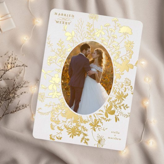 結婚した&ワイルドフラワーメリーのクリスマスフォト金ゴールド 箔シーズンカード