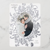 結婚した&ワイルドフラワーメリークリスマスフォトシルバー 箔シーズンカード (正面)