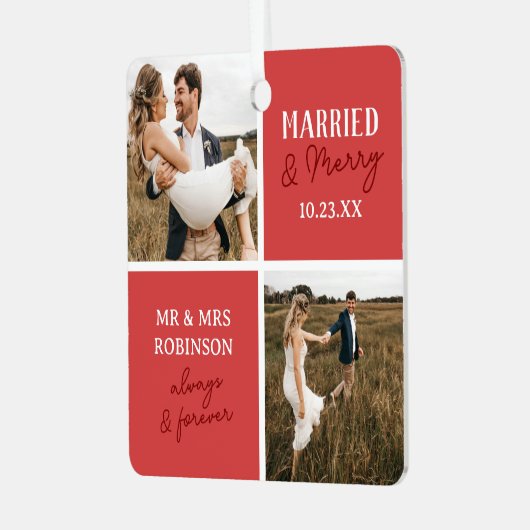 結婚した&写真メリー名レッドクリスマス メタルオーナメント (正面左)