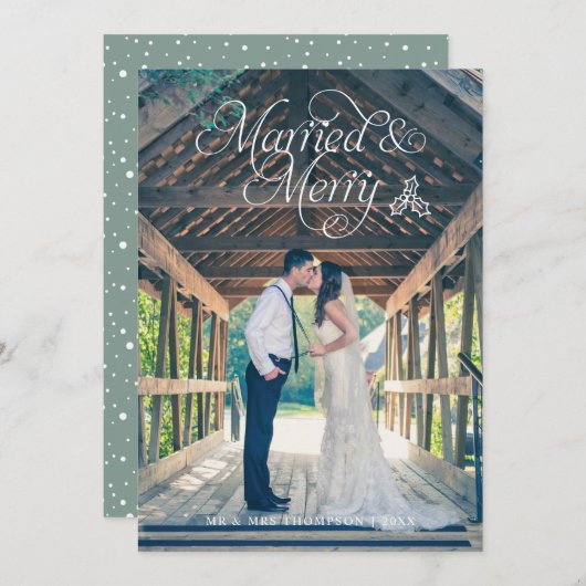 結婚した&新メリー婚フォトホリデーカードグリーン シーズンカード (正面/裏面)