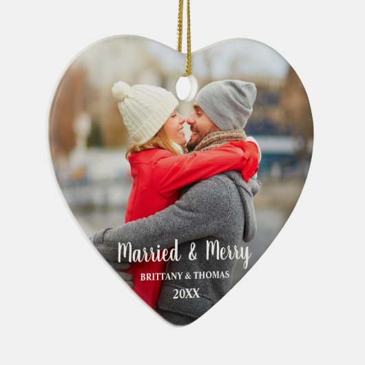 結婚した&新メリー婚フォトレッドバック セラミックオーナメント (右)