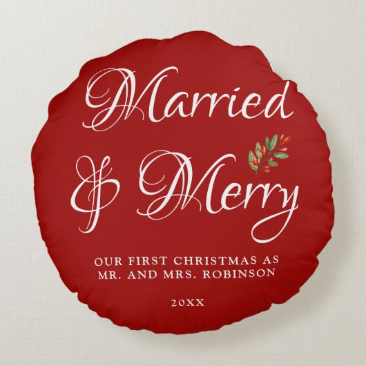 結婚した&私たちメリーの初めてのクリスマス結婚した赤 ラウンドクッション (裏面)