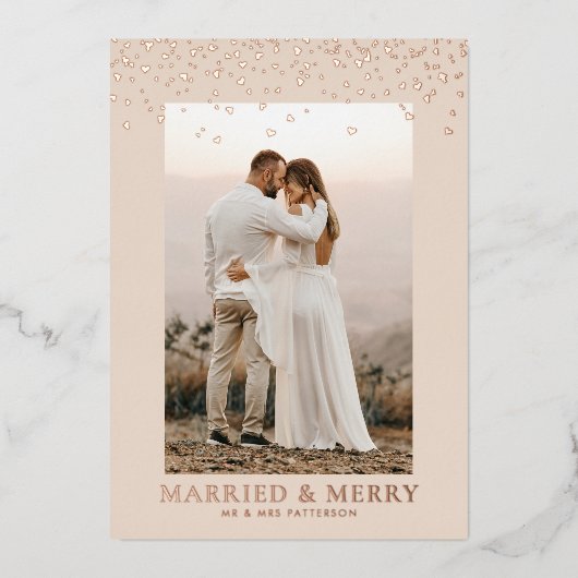 結婚した&落下メリーハート写真バラ金ゴールド 箔シーズンカード (正面)