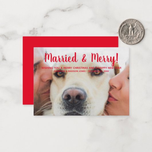 結婚した&赤メリー写真カスタム文字クリスマス ノートカード (正面/裏面インサイチュ)
