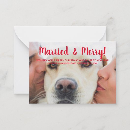 結婚した&赤メリー写真カスタム文字クリスマス ノートカード (正面)