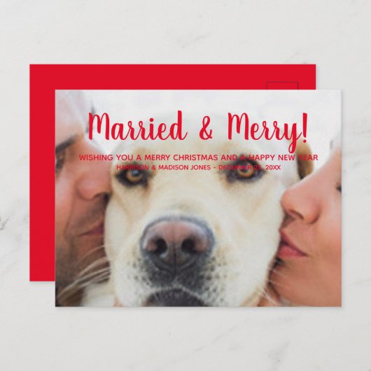 結婚した&赤メリー写真カスタム文字クリスマス ポストカード (正面/裏面)