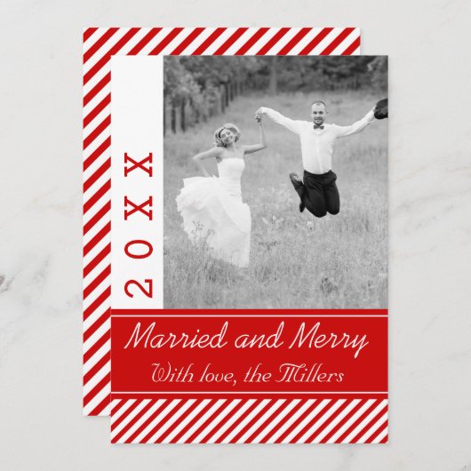 結婚した&赤メリー白いクリスマスのストライプ写真 シーズンカード (正面/裏面)