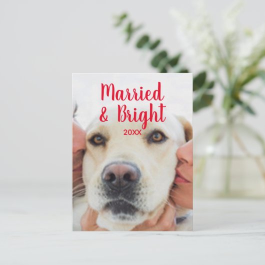 結婚した&鮮やかな赤カスタムい写真名クリスマス ポストカード (スタンド正面)