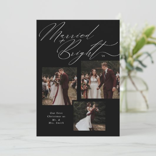 結婚した&Brightスクリプトタイポグラフィクリスマスフォト シーズンカード (スタンド正面)