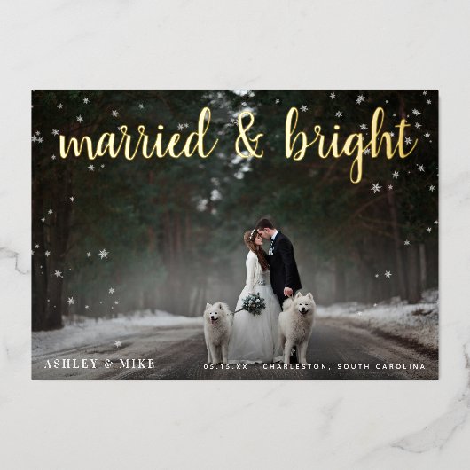 結婚した&Bright Snow 2写真結婚Thank You 箔シーズンカード (正面)